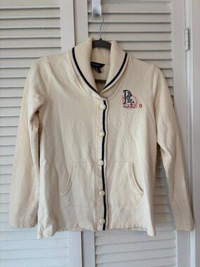 Ralph Lauren girls' sweatshirt cardigan shawl collar XL 16 cream cotton navy
